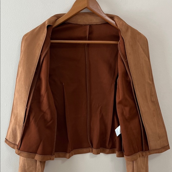 Women's Tan Faux Suede Open Front Button Detail Blazer Jacket Size Medium - Picture 9 of 13